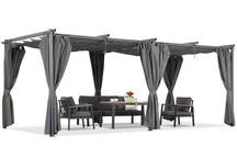 Anthrazitfarbene Terrassenpergola mit Vorhängen La Palma 3x6 Garden Point