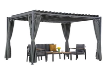 Anthrazitfarbene Pergola Tasos 3x4m mit Garden Point Vorhängen